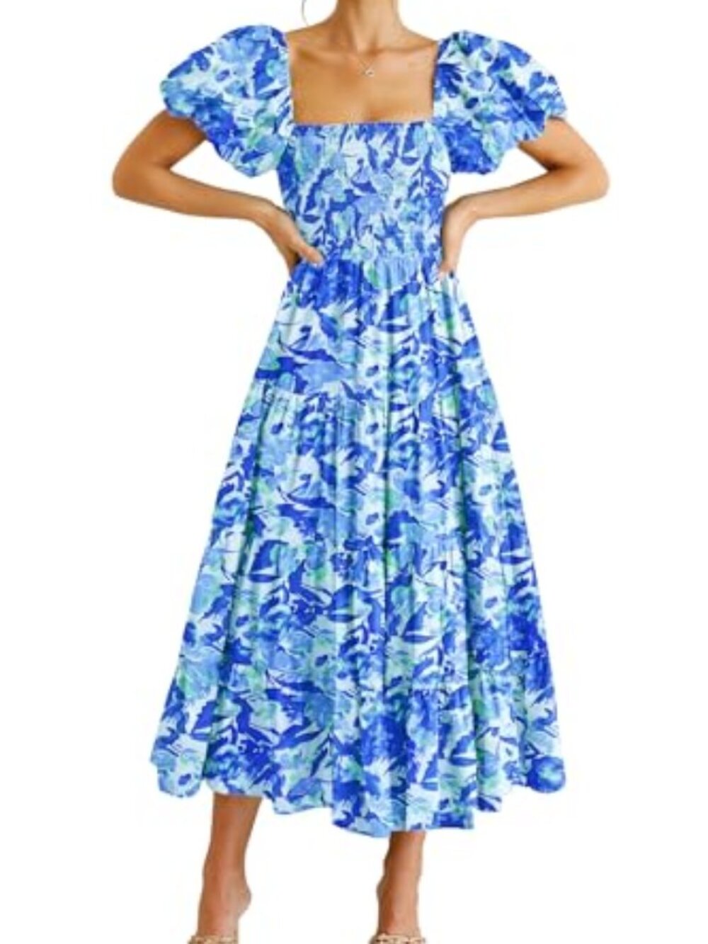 🆕 Womens Casual Summer Midi Dress Puffy Short Sleeve Square Neck S - Floral